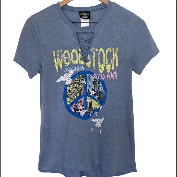 Vintage Concert Tess Inspired Woodstock New York V-neck Lace up Tee Small - Picture 1 of 6